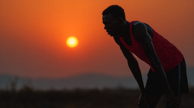 Exhausted man athlete resting at sunset in outdoor setting, dramatic silhouette style for sports promotion and motivational content, exhaustion, advertising, motivational content, sports promotion