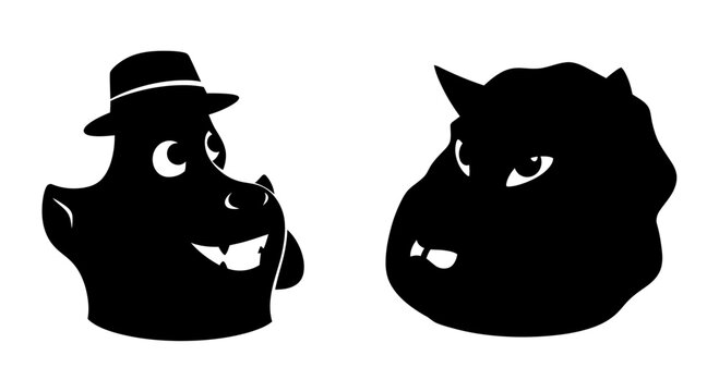Two Funny Monster Silhouette Faces Vector Illustration