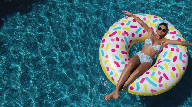 Woman, pool float, Young woman relaxing on a colorful donut pool float in a bright swimming pool during summer for advertising and social media content, casual, playful, relaxed, joyful
