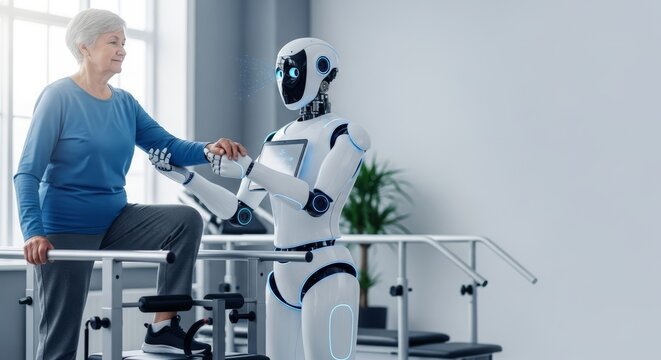 A white humanoid robot provides steady support during a physical rehabilitation session, showing a sense of care in a clinic setting, help, professional, robotics