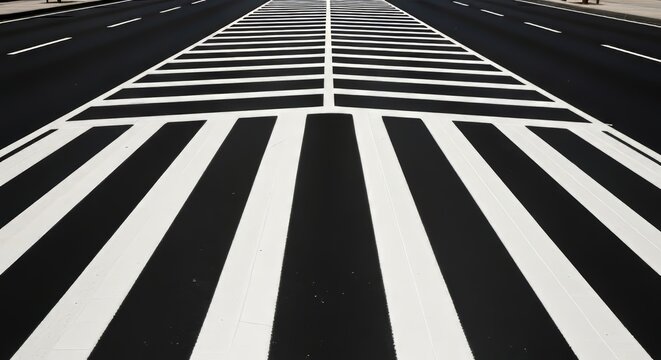 A symmetrical view of white zebra stripes painted on dark asphalt, leading across an empty urban street under bright daylight in the city, concrete, tarmac, architecture