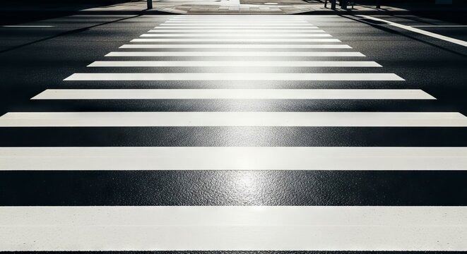 A symmetrical view of white zebra stripes painted on dark asphalt, leading across an empty urban street under bright daylight in the city, texture, way, lines