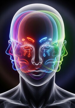 A translucent visage reveals overlapping layers of shifting expressions, displaying a spectrum of memories through glowing silhouettes, phantom, conceptual, inner