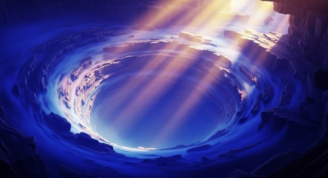 A vast and hollow abyss filled with thick swirling mist and faint rays of light, capturing the profound silence of eternal isolation, void, dim, unknown