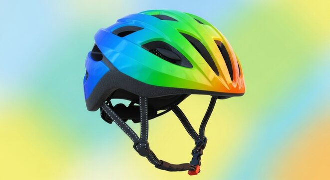 A vibrant safety helmet with a buckled strap provides essential protection during an active outdoor bicycle ride on a sunny summer day, daytime, motion, secure