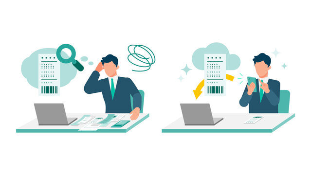 Businessman using smartphone for receipt scanning and expense reimbursement with OCR AI technology comparison showing workflow optimization and automated data entry for business process efficiency.