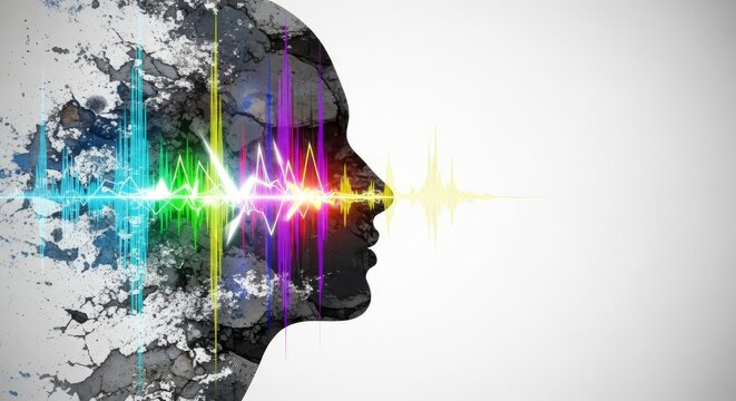 Abstract profile of weathered form dissolving into rhythmic audio waves and frequency glitches, showing the entropy of time through noise, visual, fluid, monochrome