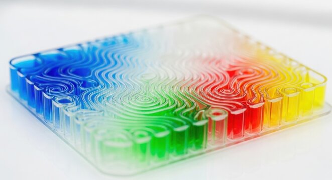 A detailed close up view of a microfluidic device featuring vibrant rainbow colored liquid channels.