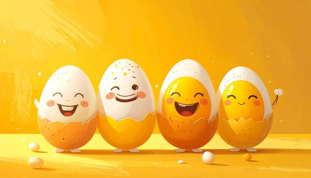 Four anthropomorphic egg characters with happy faces, cracked open to show their yolk insides. Bright yellow background