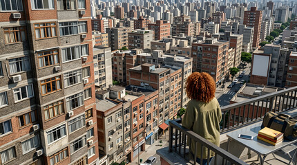 Obraz premium Woman with curly hair overlooking a dense urban cityscape