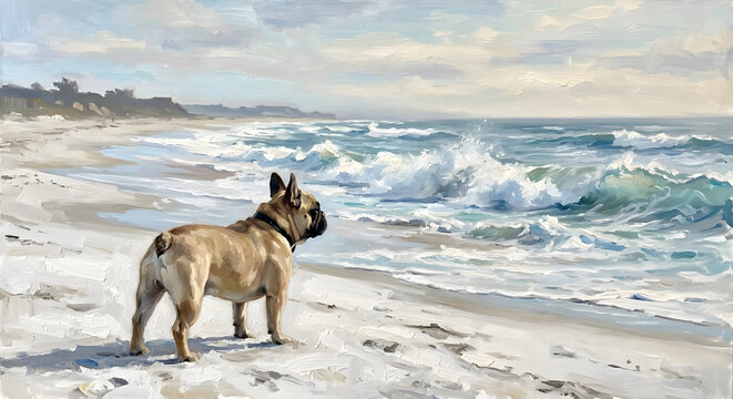Fawn French Bulldog Overlooking an Ocean Shore
