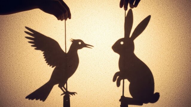 Vintage-style shadow puppets of a bird and a rabbit on sticks.