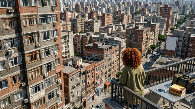 Woman with curly hair overlooking a dense urban cityscape