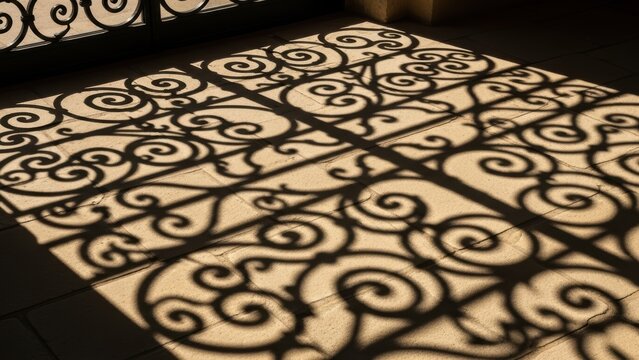Geometric shadow pattern from a decorative iron grille on a sunlit floor.