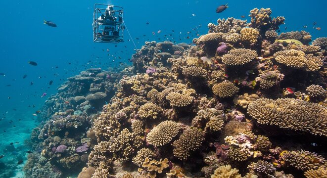 穏やかに差し込む太陽の光が青く輝く海を照らし多様な形と色彩を放つ広大なサンゴ礁の絶景が広がる神秘的な水中世界を優雅に泳ぎ探求するダイバーの感動的な旅. AI Generated