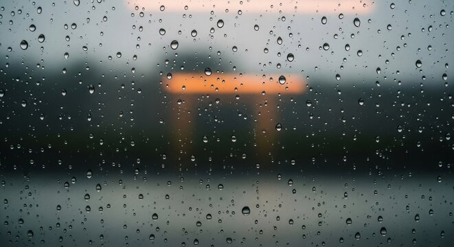 Raindrops cling to a cold glass pane of a moving commuter cabin, blurring the grey landscape outside while reflecting a dim interior glow, evening, empty, urban