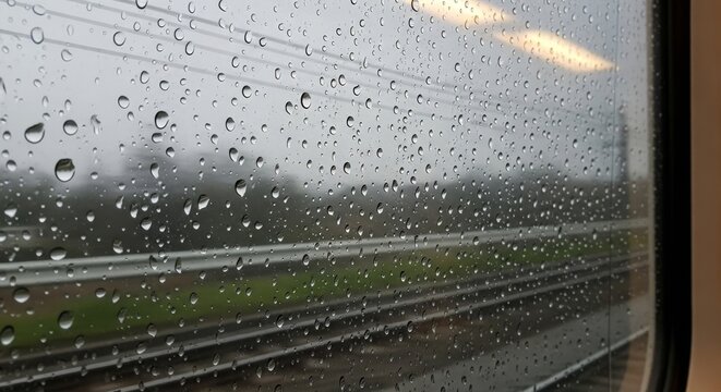 Raindrops cling to a cold glass pane of a moving commuter cabin, blurring the grey landscape outside while reflecting a dim interior glow, quiet, texture, cinematic
