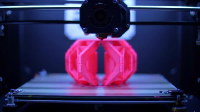 3D printer fabricating a bright pink geometric object under cool blue light