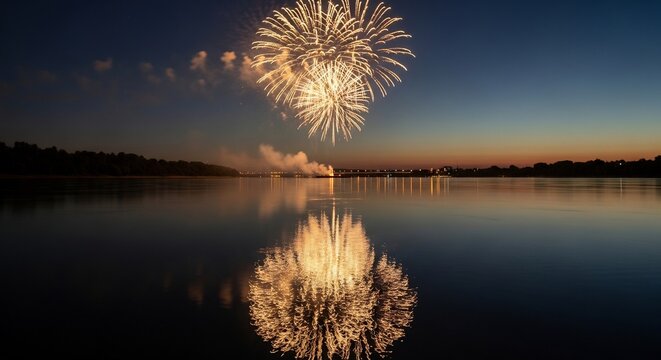夜空に鮮やかに咲く花火が湖面に美しく反射し幻想的な夏の夜を彩る光景. AI Generated