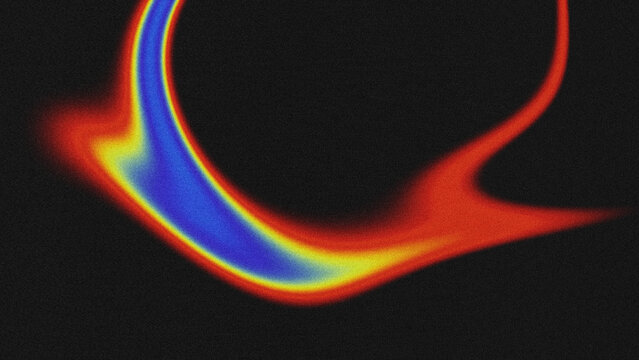 Abstract fluid simulation background with a glowing curved plasma shape, gradient color transition (blue-yellow-red) on a dark, grainy backdrop.