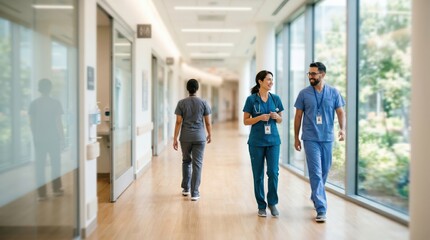 Fototapeta premium Two healthcare workers walking and talking in hospital hallway
