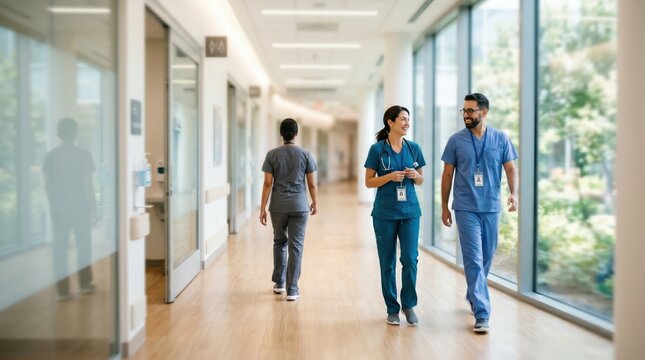 Two healthcare workers walking and talking in hospital hallway