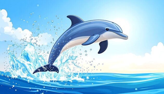 A cartoon dolphin leaps joyfully from the ocean, surrounded by splashing water. A sunny sky with clouds frames the scene