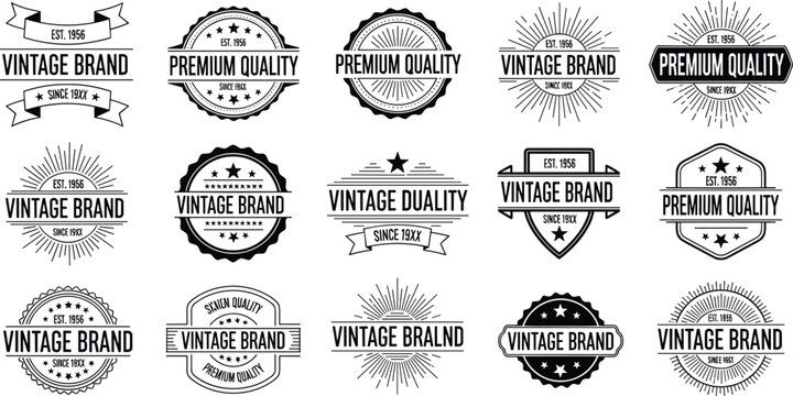 A collection of black and white vintage style badges and labels featuring text like vintage brand and premium quality displayed on a