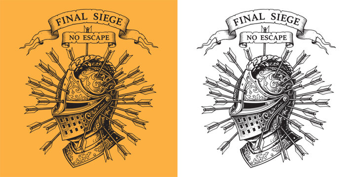 Medieval Knight Helmet Pierced by Many Arrows Illustration, Final Siege Concept