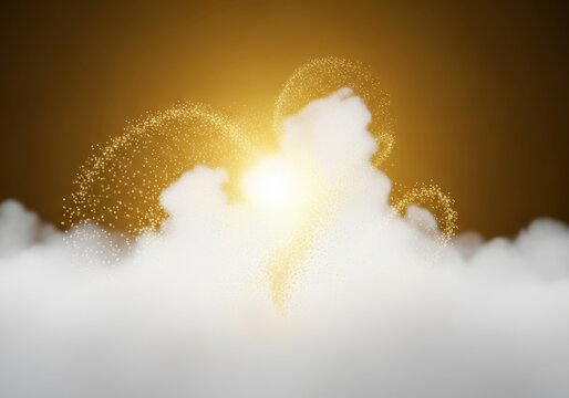 Shimmering golden particles dance through ethereal white vapor clouds, illuminated by a soft radiant glow in an ultra-detailed composition, detailed, gold, vapor