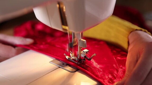 Woman sewing red fabric with professional machine in workshop, closeup
