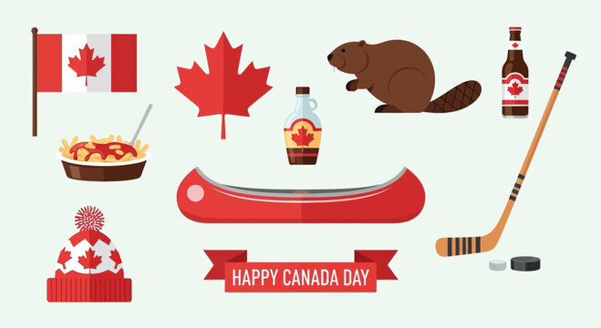 Canada Icons: Maple Leaf, Beaver, Flag, Poutine, Hockey, Canoe, Maple Syrup