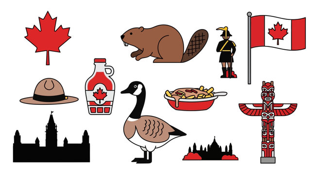 Canada Icons Collection: Maple Leaf, Beaver, Poutine, RCMP, Totem Pole, Flag