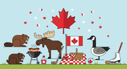 Canadian Icons: Beaver, Moose, Goose, Maple Leaf, Hockey, Picnic © Risqi