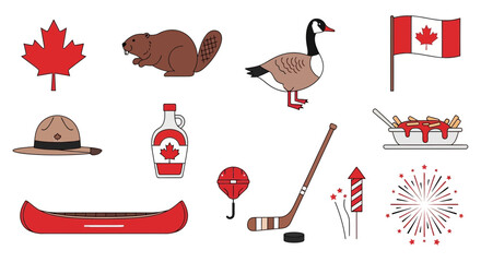 Canadian Icons Collection: Maple Leaf, Beaver, Goose, Poutine, Hockey, Canoe © Risqi