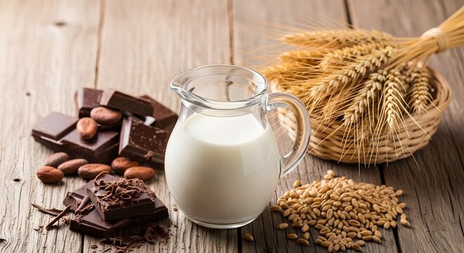 Rustic Dairy and Grain Composition with Glass Pitcher
