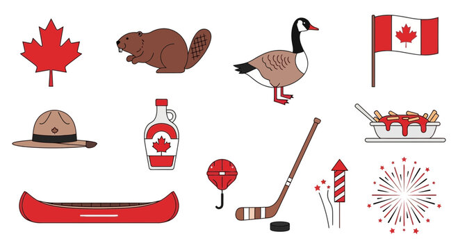 Canadian Icons Collection: Maple Leaf, Beaver, Goose, Poutine, Hockey, Canoe