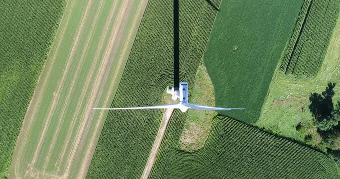 Detailed aerial view of a large wind turbine in exquisite detail.