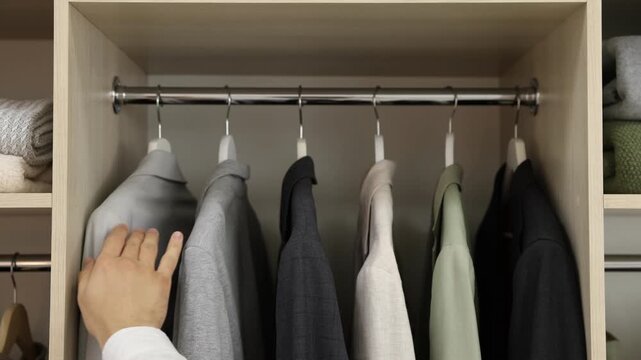 Man taking hanger with jacket out of wardrobe indoors, closeup