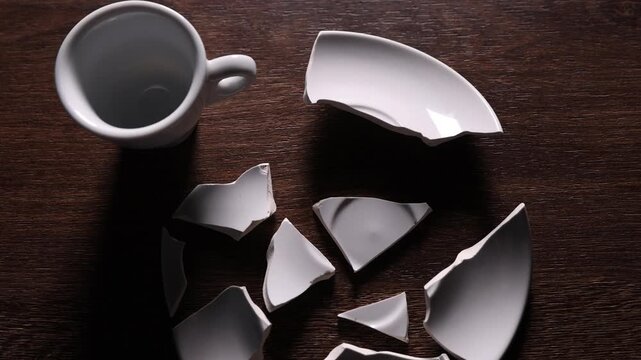 Cup and pieces of broken saucer on wooden table, flat lay. Camera moving forward