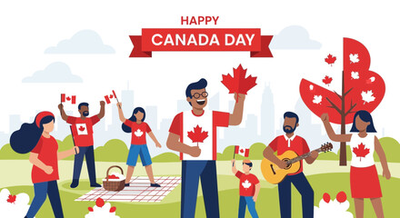 Fototapeta premium Happy Canada Day Celebration: Diverse People Cheering with Maple Leaves & Flags