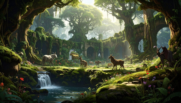 Forest landscape with deer and water