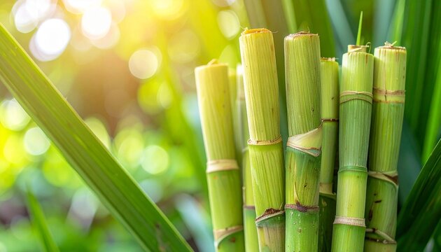 Fresh green sugarcane stalks in sunlight