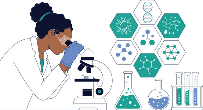 Minimalist scientific illustration of female researcher using microscope with DNA virus and molecular icons in modern clean vector style
