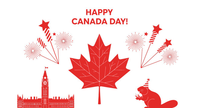 Happy Canada Day Celebration: Maple Leaf, Fireworks, Parliament Building, Beaver