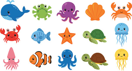 Cartoon Ocean and Sea Creatures with Cute Expressions, Including Whale, Crab, Fish, Octopus, Turtle, and Jellyfish © MdMonirul