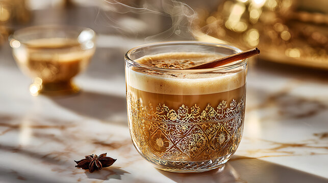 Karak Chai, traditional Qatari spiced milk tea, served in delicate Arabic glass cup with engraved gold patterns, warm opaque amber-cream liquid with soft foam on surface