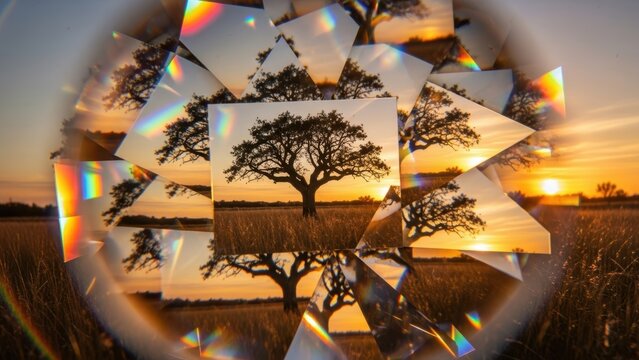A tree at sunset viewed through a kaleidoscopic lens creating multiple images.