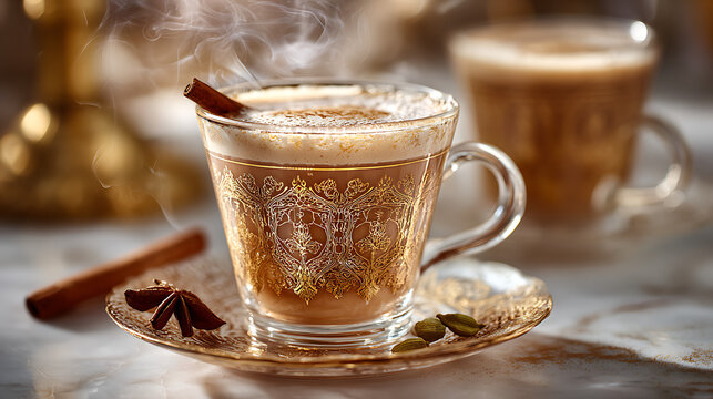 Karak Chai, traditional Qatari spiced milk tea, served in delicate Arabic glass cup with engraved gold patterns, warm opaque amber-cream liquid with soft foam on surface