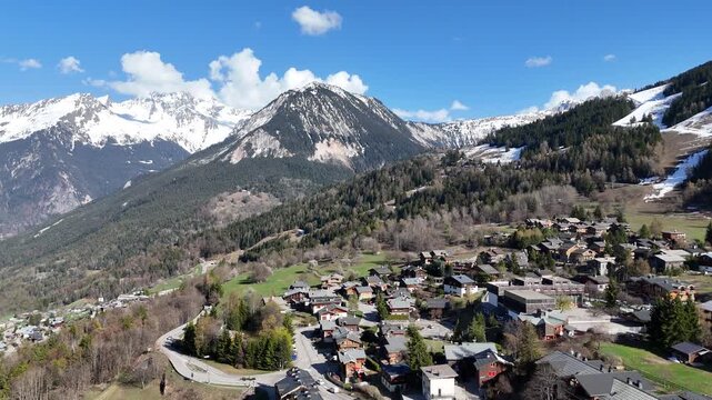 Aerial view nature landscape of le Praz village in Courchevel ski resort by spring, French alps mountains